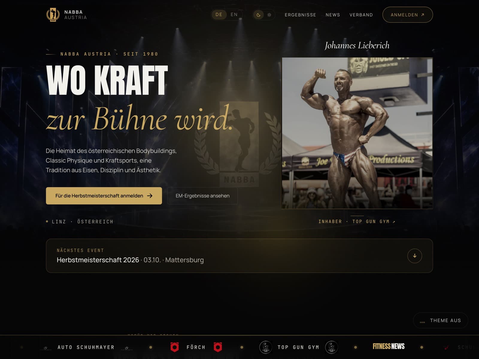 Startseite von NABBA Austria mit Hauptzeile und Anmeldung