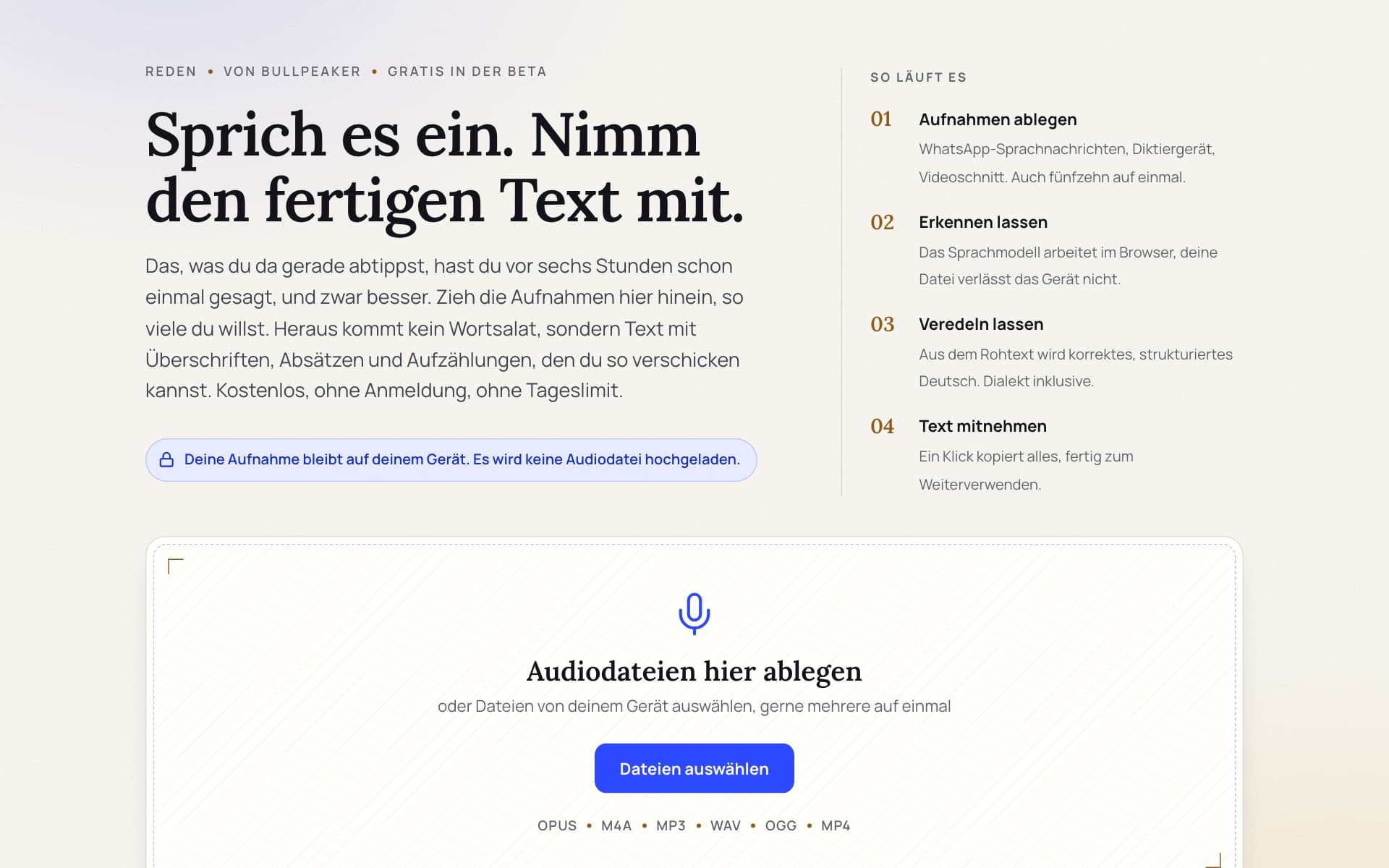 Oberfläche von Reden mit dem Feld zum Hineinziehen der Audiodateien